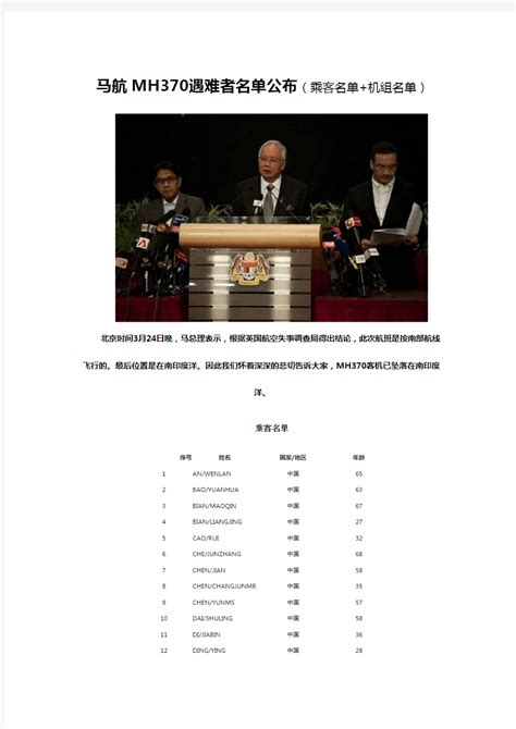 马航MH370遇难者名单公布(乘客名单+机组名单) - 360文档中心