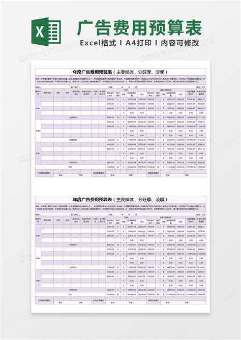 紫色简约年度广告费用预算表模版Excel模板下载_熊猫办公