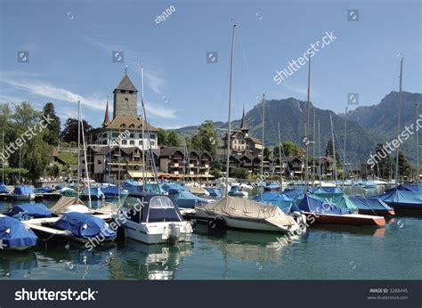 Harbour And Castle Of Spiez, Switzerland, With Lake Thun Stock Photo ...