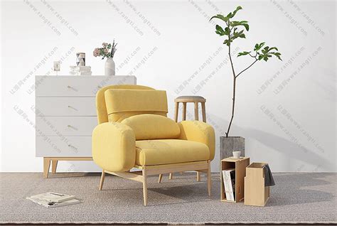 北欧黄色实木支架布艺单人沙发、休闲椅3D模型下载_模型ID:31160 ...