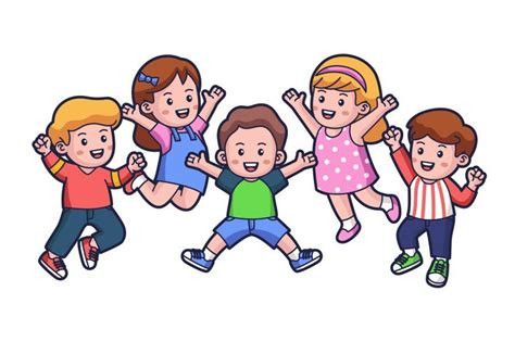 彩色卡通风格的儿童快乐跳跃玩耍场景矢量插画素材 - 25学堂