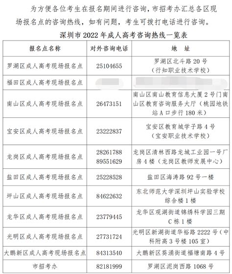 2022年深圳各区成人高考现场报名点一览表（地址+电话）- 深圳本地宝