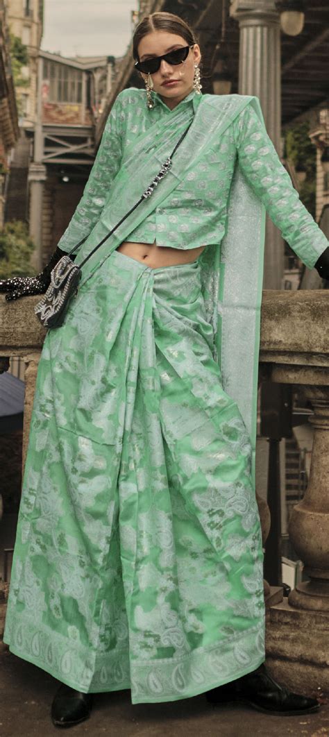 Festive, Party Wear, Traditional Green color Organza Silk, Silk fabric ...
