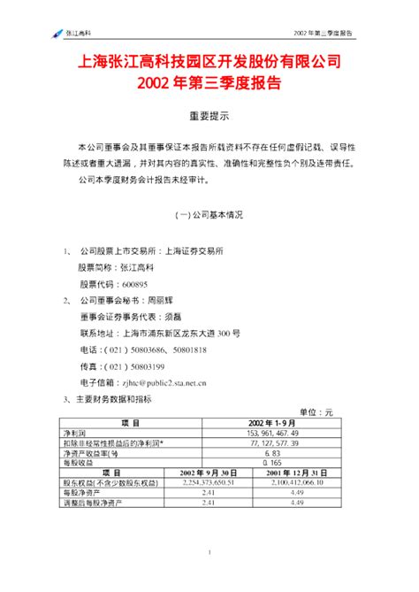 张江高科：张江高科2002年第三季度报告