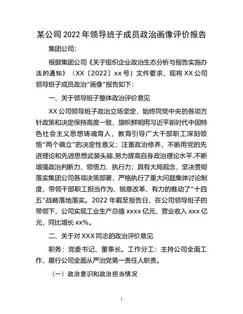 某公司2022年领导班子成员zhengzhi画像评价报告 - 国企公文 - 公文易网