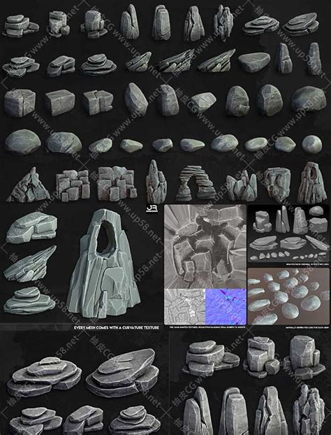 45种风格化岩石石头3D模型素材合集 - 柚皮CG资源网站