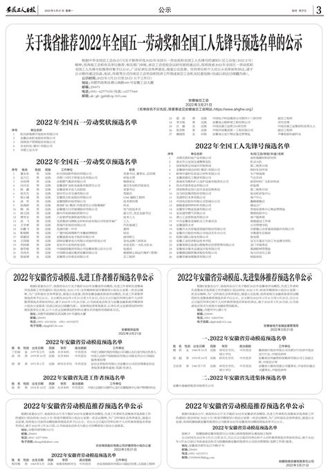 2022年安徽省劳动模范推荐预选名单公示 -安徽工人日报社