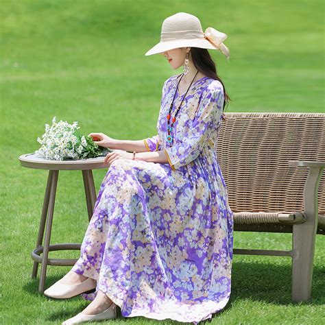 蜜搭夏季文艺清新森女系碎花长款连衣裙复图片