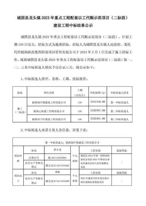 城固县龙头镇2023年重点工程配套以工代赈示范项目（二标段）建设工程中标结果公示 - 城固县人民政府