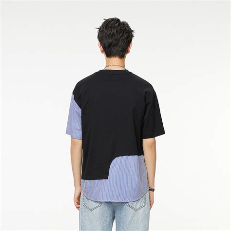 黑鲸异色拼接短袖T恤男2021年夏季新品不同面料拼接短t商场同款商品详情