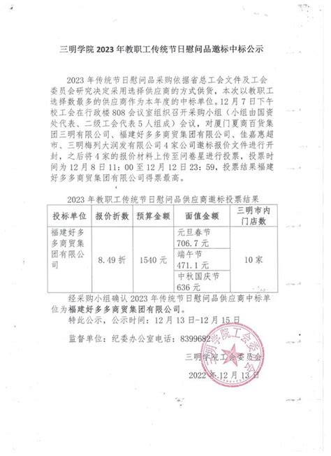 三明学院2023年教职工传统节日慰问品邀标中标公示