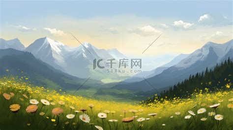 全景中长满青草和鲜花的山脉插画图片-千库网