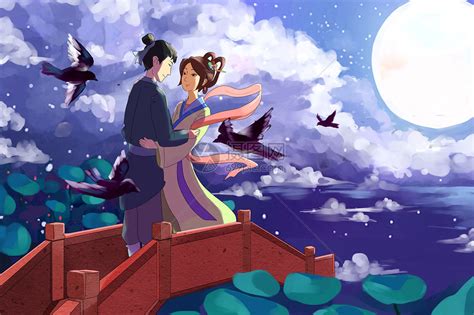 唯美七夕牛郎织女鹊桥相会插画图片下载-正版图片401763698-摄图网