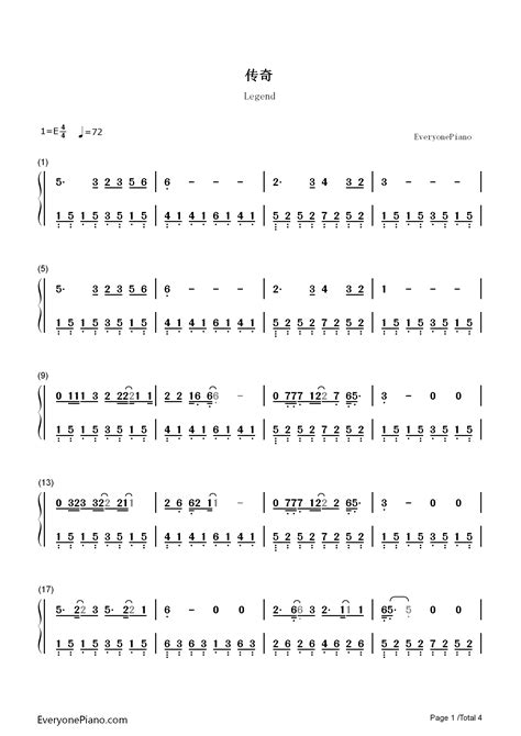 传奇-王菲-钢琴谱文件（五线谱、双手简谱、数字谱、Midi、PDF）免费下载