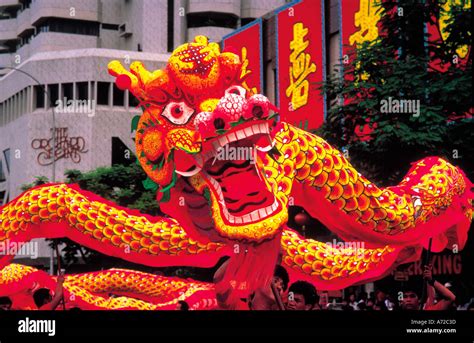 Chinese Dragons Dancing at Chinese New Year festival Singapore Stock ...