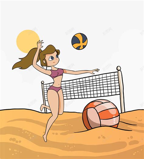 卡通手绘在沙滩上打排球的女png图片免费下载-素材0mkaVVeWW-新图网