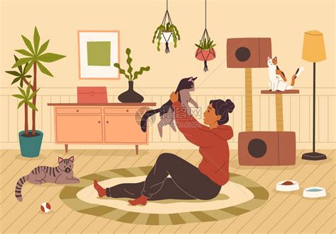 年轻女孩和宠物猫咪在客厅玩耍插画图片下载-正版图片306617944-摄图网