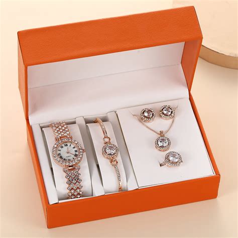 时尚气质奢华精品套装礼盒满钻手表+手链+戒指+耳钉项链礼品套装-阿里巴巴