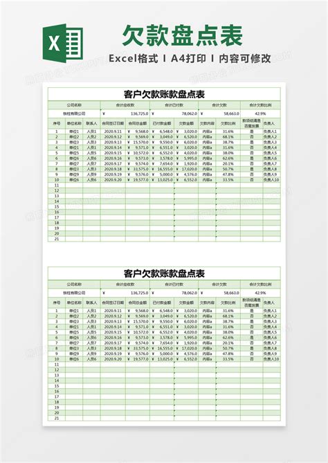 绿色简约客户欠款账款盘点表模版Excel模板下载_熊猫办公