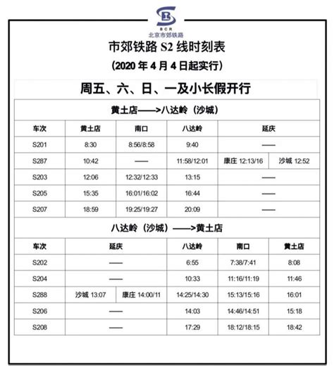2020年4月30日-5月5日期间北京S2线最新时刻表- 北京本地宝