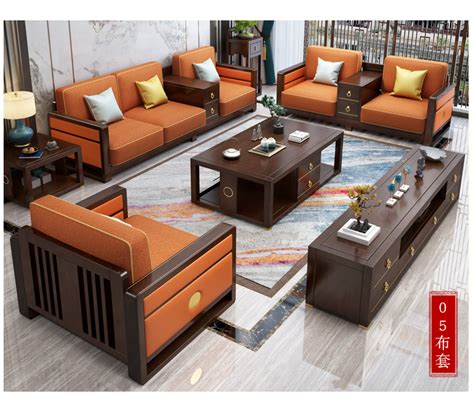 新中式沙发实木沙发茶几组合大小户型别墅禅意实木客厅整装家具-阿里巴巴