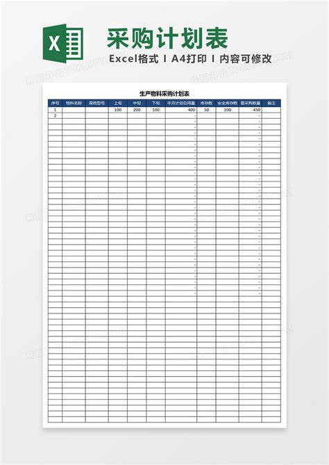 生产物料采购计划表通用Excel模板下载_熊猫办公