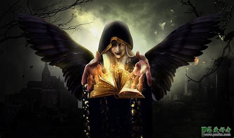 Photoshop合成暗夜中女巫师正在使用魔法书施法的场景_PS爱好者教程网