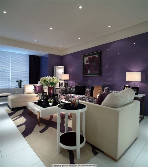 现代简约客厅紫色墙面效果图图片_家居设计_环境设计-图行天下素材网