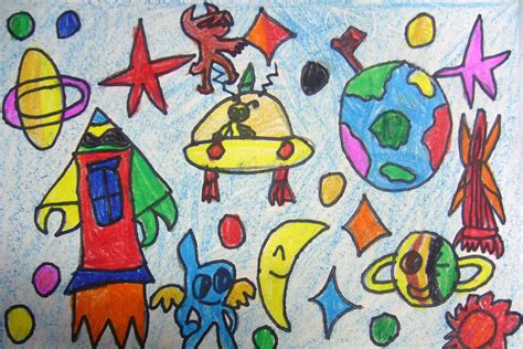 儿童画宇宙飞船，飞船油画棒-露西学画画
