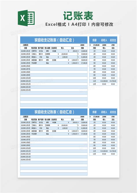 蓝色简约家庭收支记账（自动汇总）表EXCEL模版模板下载_记账_图客巴巴