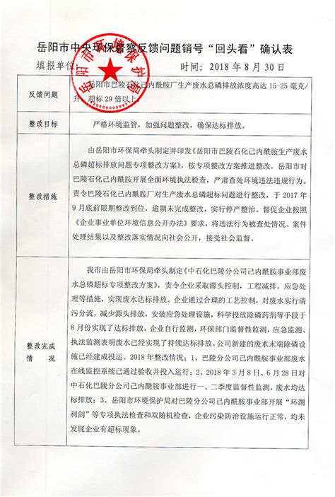 岳阳市中央环保督察反馈问题销号“回头看”确认表