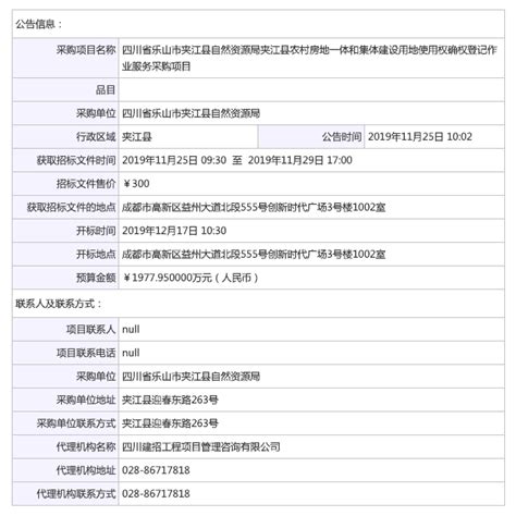 夹江县农村房地一体和集体建设用地使用权确权登记作业服务采购项目公开招标采购公告