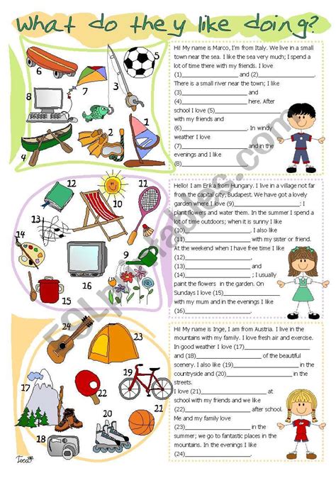 English worksheets: What do they like doing?