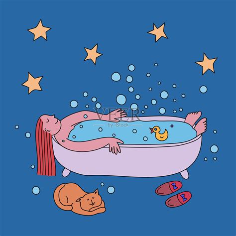 妇女在晚上洗澡。女人和猫在浴缸里放松。插画图片素材_ID:411586917-Veer图库