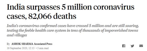 11天增加100万例，印度超500万人确诊新冠