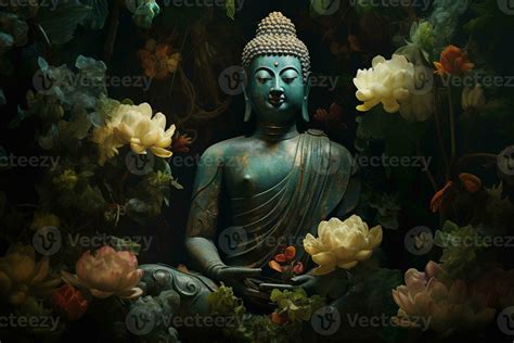 Buddha statue with lotus flower and green leaves background AI ...