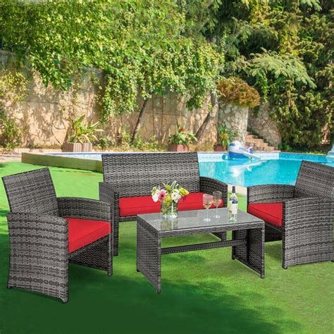 Clihome 4-Piece Rattan Patio Conversation Set with Red Cushions in the ...