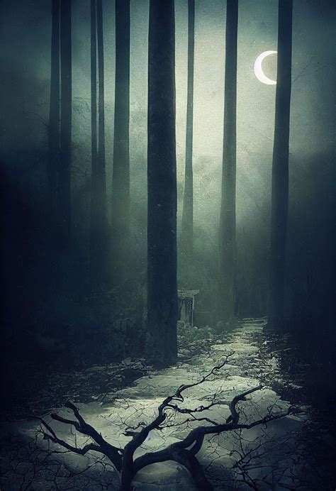 神秘的黑暗秋季森林，蓝雾中有小径。景观与魔法树与树枝上的橙色叶子。在梦幻般的雾蒙蒙的老森林里有小路的风景。秋天的颜色。自然。复古色调风景名胜 ...