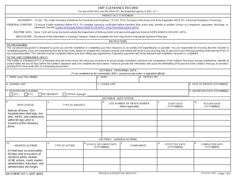 DA Form 137-1 Download Fillable PDF or Fill Online Unit Clearance ...