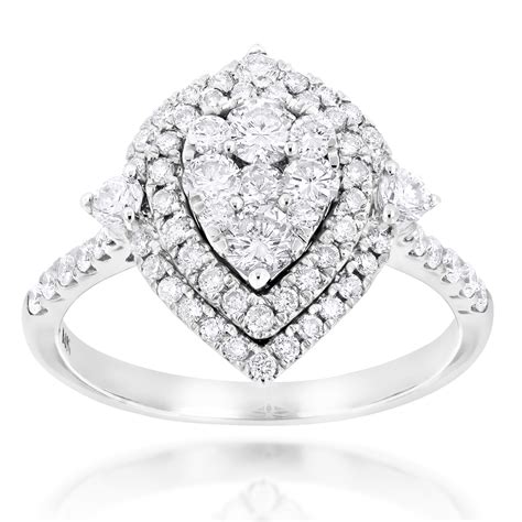 14K White Gold Unique Drop Design Pear Shape Diamond Cluster Ring for ...