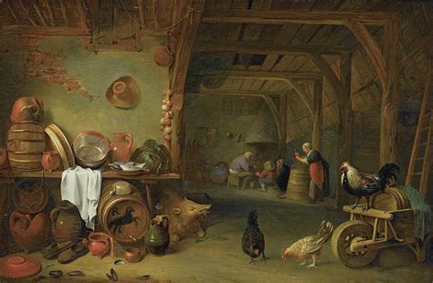 Pieter de Bloot的《谷仓内部，盘子里有鱼、卷心菜、陶器、铜锅和锅以及其他厨房用具的静物》高清油画大图下载-Pieter-de ...