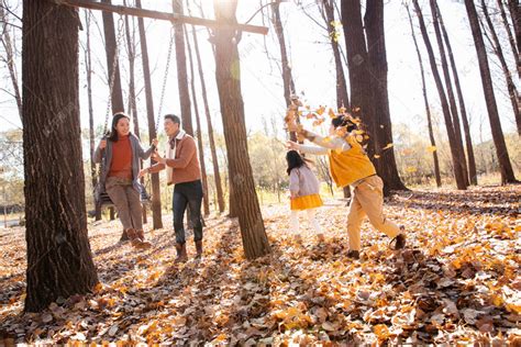 户外秋天幸福的父母在荡秋千，快乐的孩子们在旁边玩耍高清摄影大图-千库网