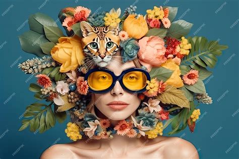Retrato de mujer joven con hojas de flores de gato collage floral de ...