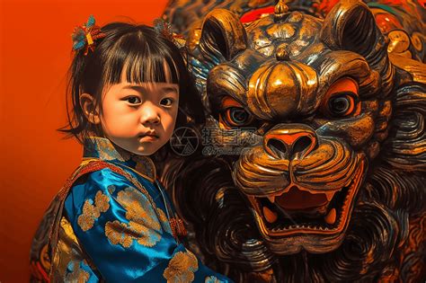 中国风可爱漂亮小女孩和中国舞狮合影特写插画图片下载-正版图片600088076-摄图网