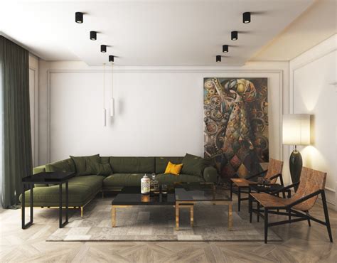 灰色的布艺沙发，搭配墨绿色的沙发背景墙，一进门给人强大的视觉冲击力，体现了现代设计感。-家居美图_装一网装修效果图