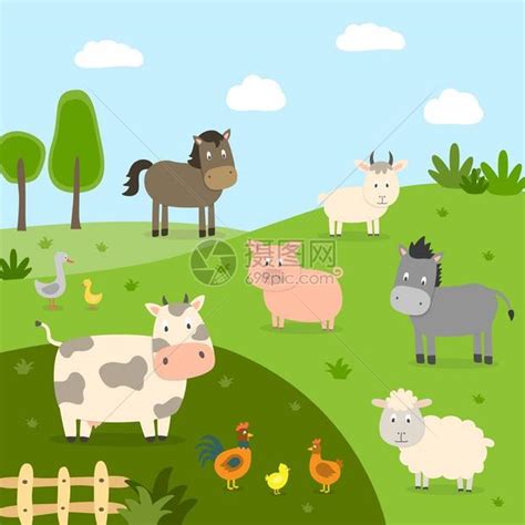 有风景的农场动物牛猪羊马公鸡鸭母鸡鹅平面样式的可爱插画图片下载-正版图片402372299-摄图网