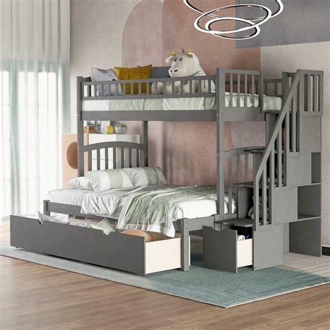 Twin Over Twin Triple Bunk Bed for 3, L-Shaped Bunk Bed Frame, White ...