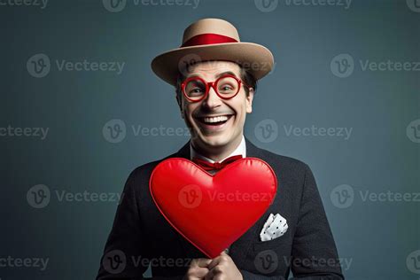 AI generated Portrait of a happy man with a red heart on Valentine