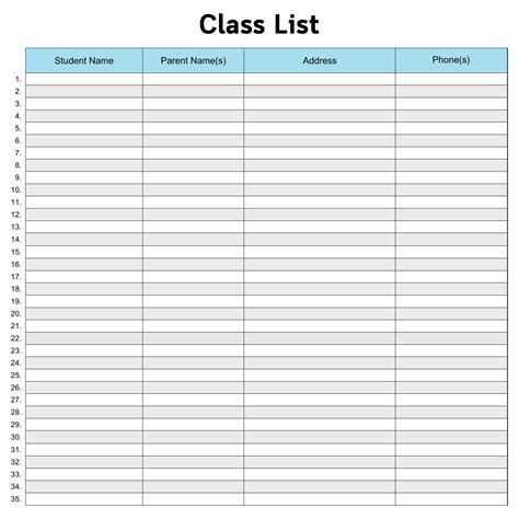 Printable Class List Template Free - Printable Templates