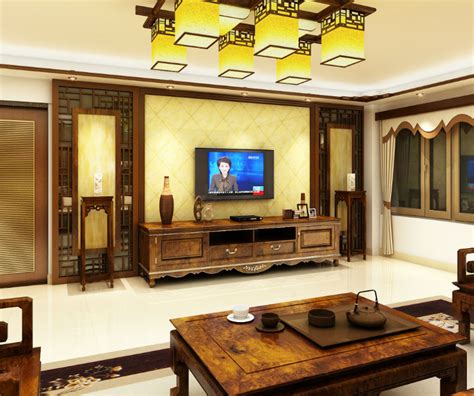 中式古典原木色客厅装修效果图- 中国风